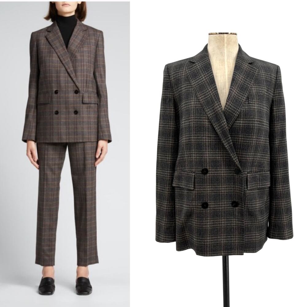 Theory Piazza 2B Auburn Plaid Virgin Wool DB Blazer Gray Brown Women’s Size 2